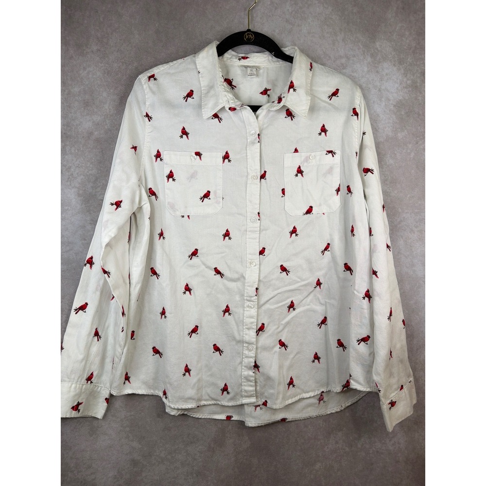 Cato Button Down Shirt Womens XL White Red Cardinal Bird Print Cotton Holiday